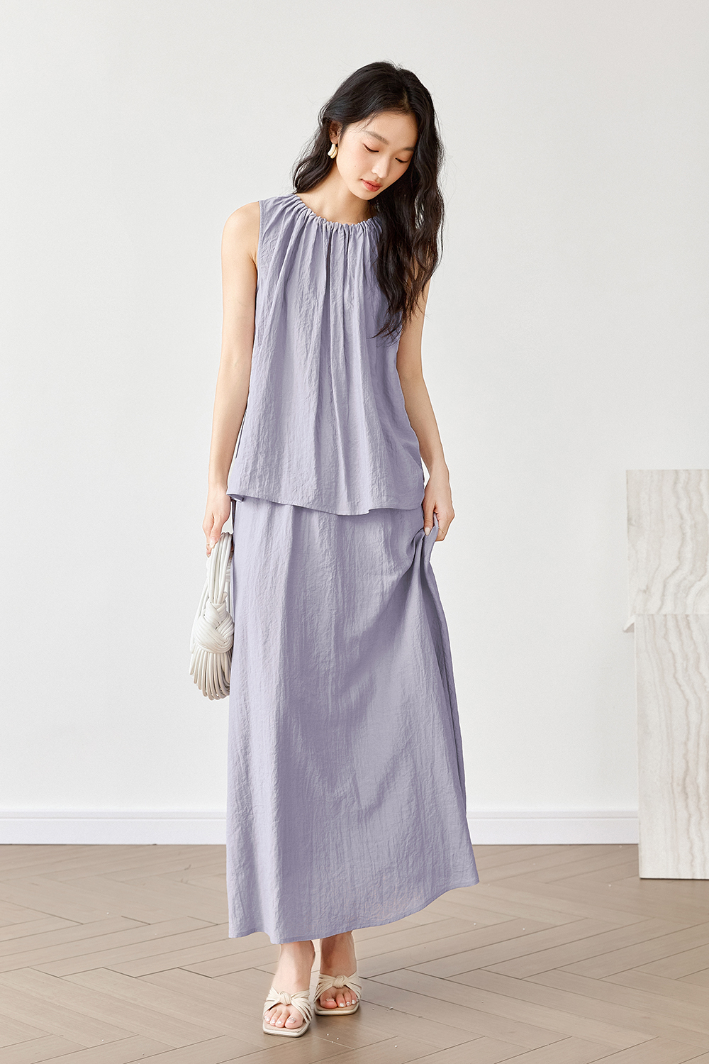 French-Casual Round Neck Sleeveless Top with Flowy Skirt Set-VIMLYSTORE