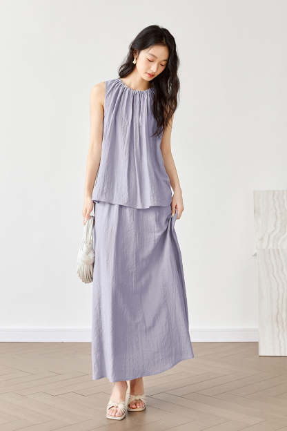 French-Casual Round Neck Sleeveless Top with Flowy Skirt Set-VIMLYSTORE