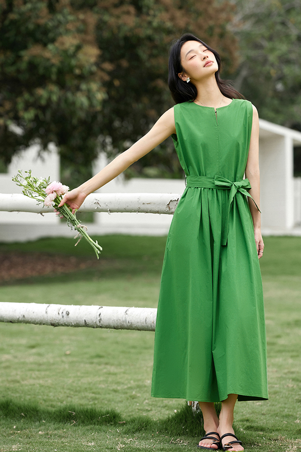 100% Cotton Premium Waist-cinching Sleeveless Maxi Dress-VIMLYSTORE