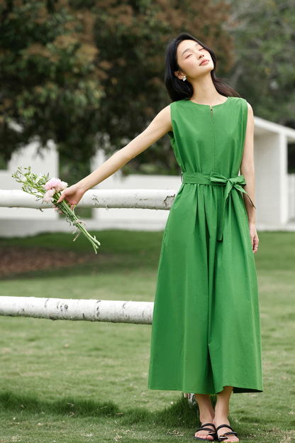 100% Cotton Premium Waist-cinching Sleeveless Maxi Dress-VIMLYSTORE