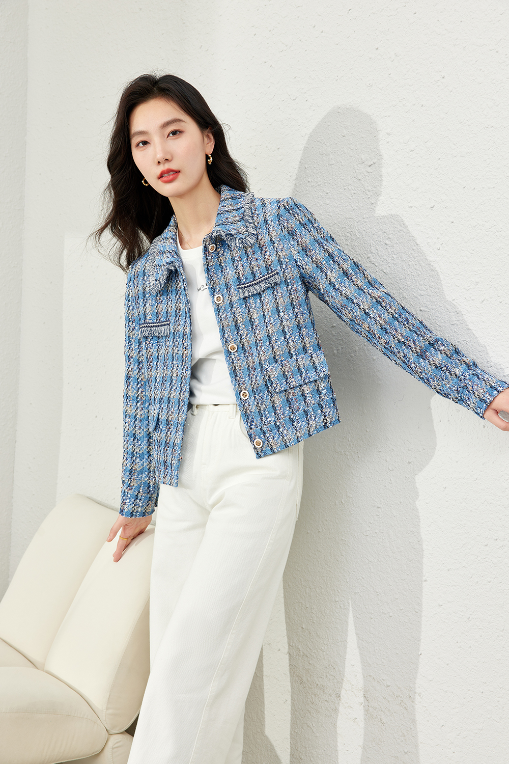 Lapel Blended Checkered Jacket-VIMLYSTORE