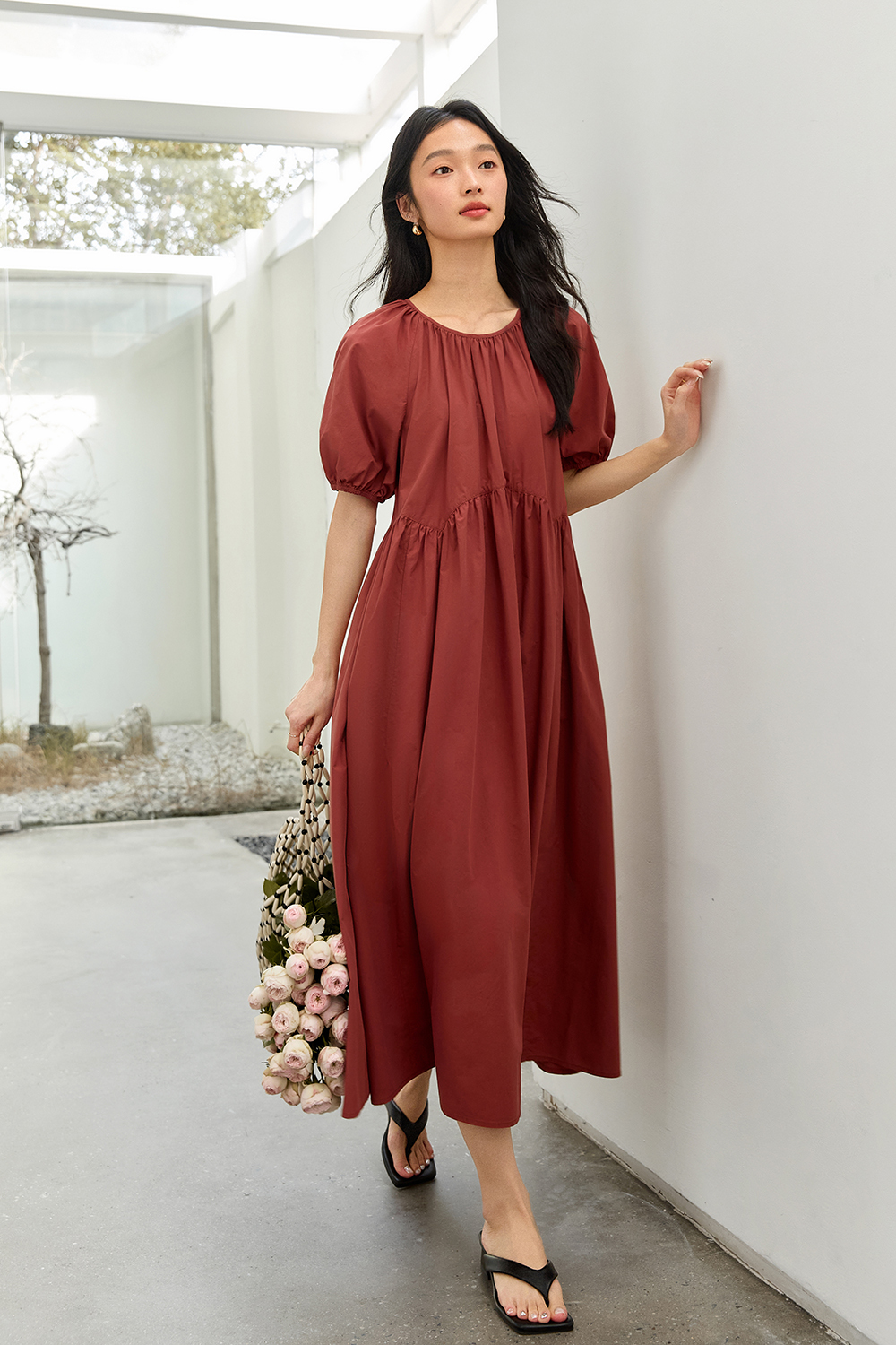 Minimalist Cotton Puff-Sleeve Relaxed Dress-VIMLYSTORE