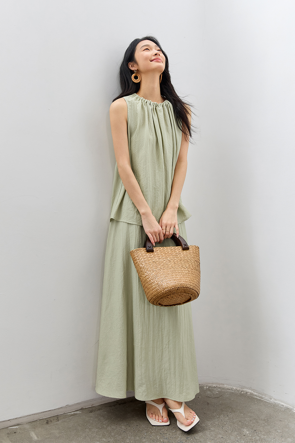 French-Casual Round Neck Sleeveless Top with Flowy Skirt Set-VIMLYSTORE