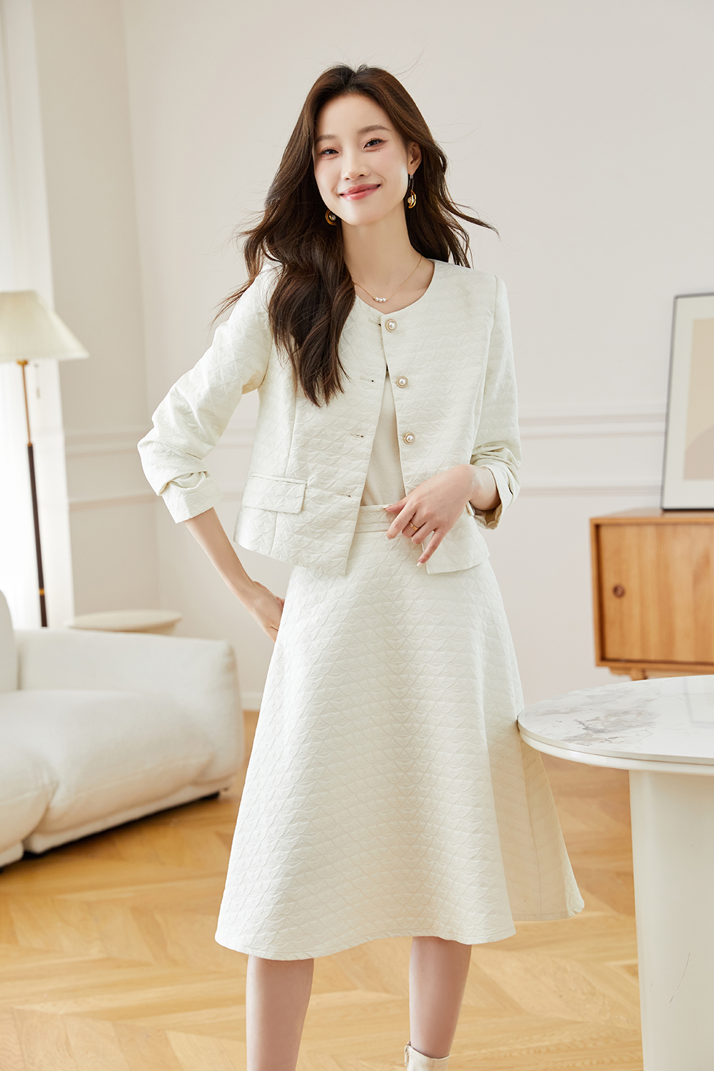 Round Neck A-Line Skirt Suit