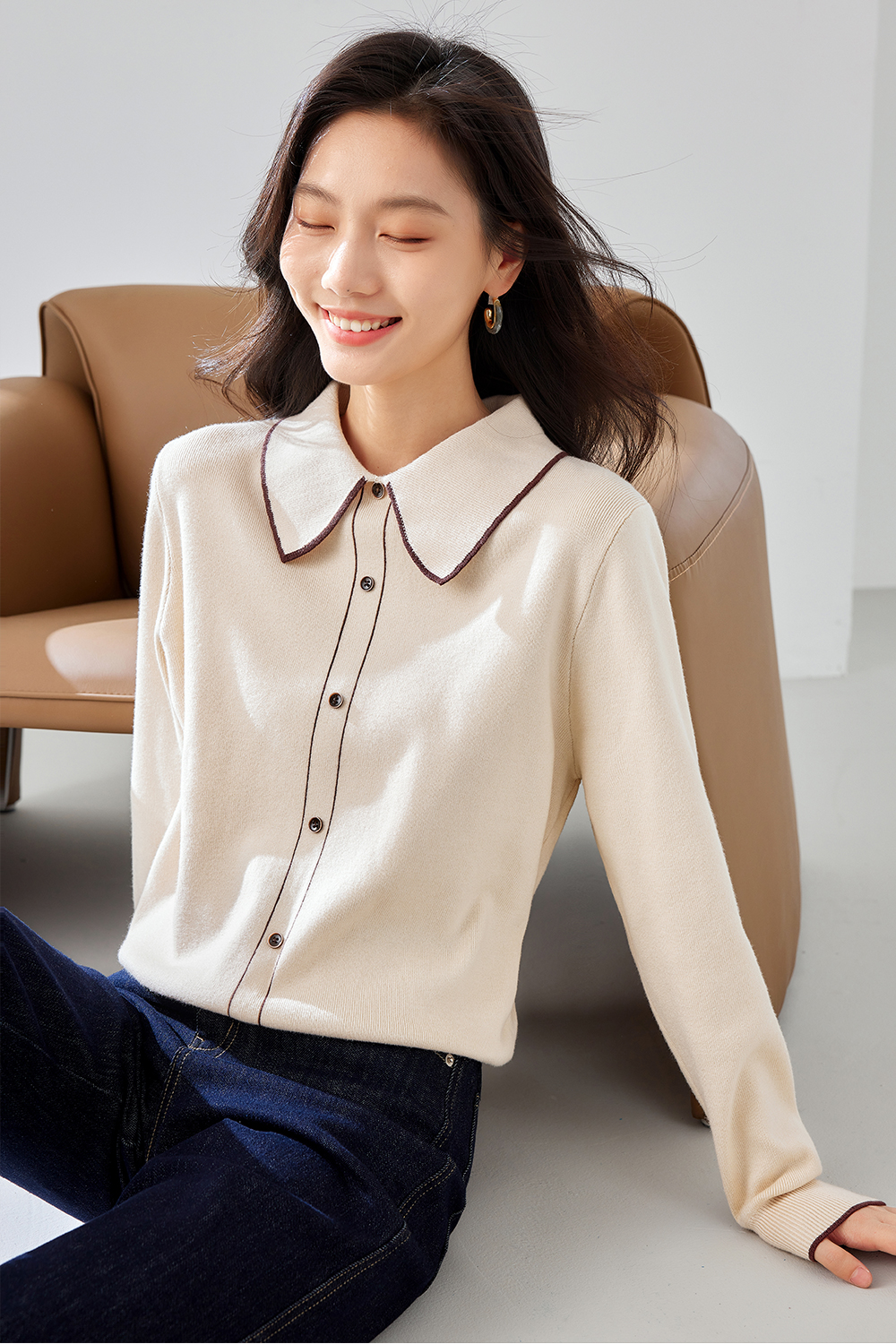 Color-Blocked Lapel Knit Sweater