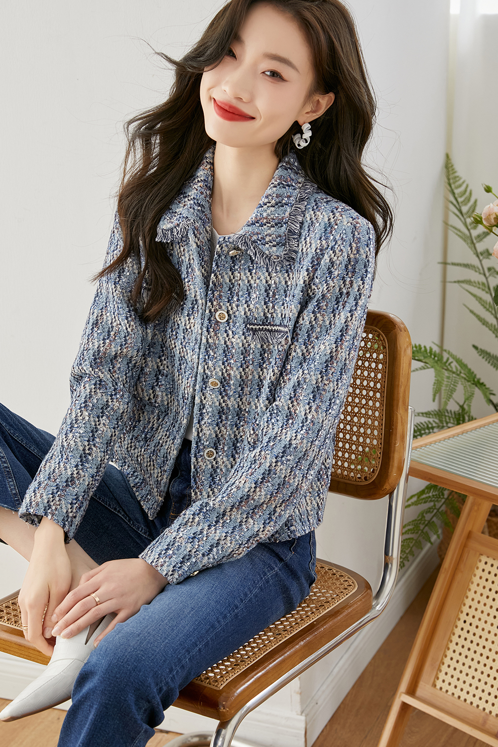 Lapel Blended Checkered Jacket-VIMLYSTORE