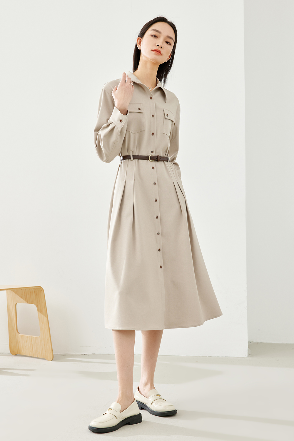 Turn-down Collar Cinched Waist Dress