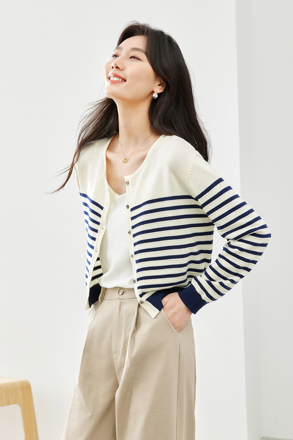 Apricot Blue Striped Knit Cardigan