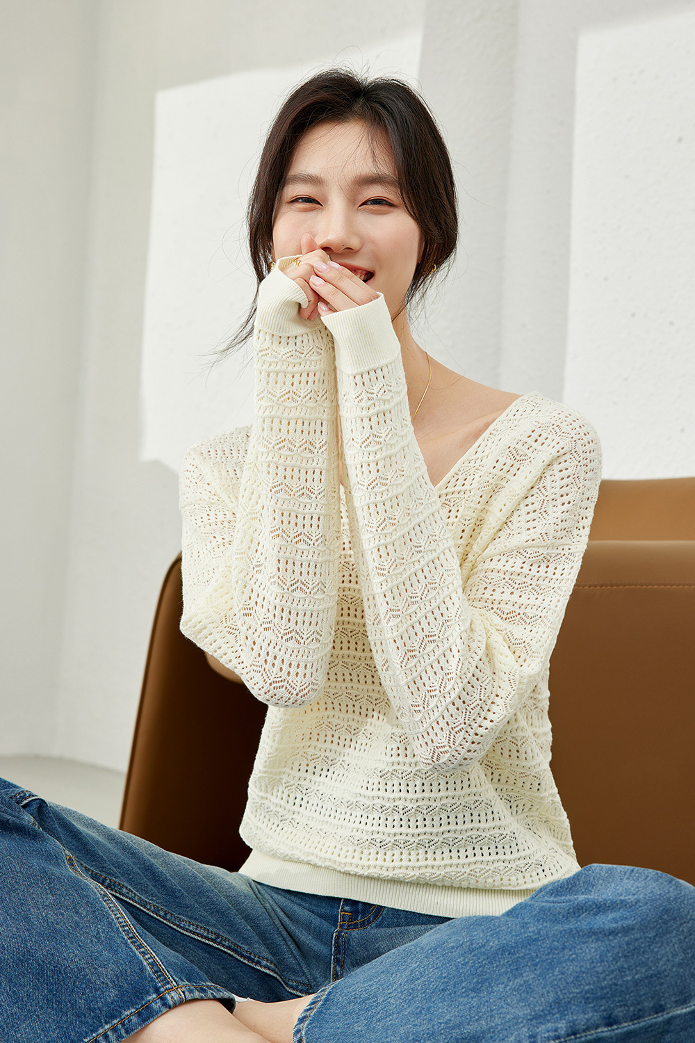 V-neck hollow sweater