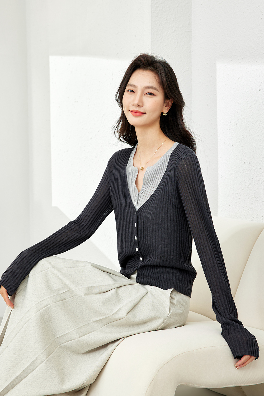 Collar Patchwork with Contrast Knit Cardigan-VIMLYSTORE