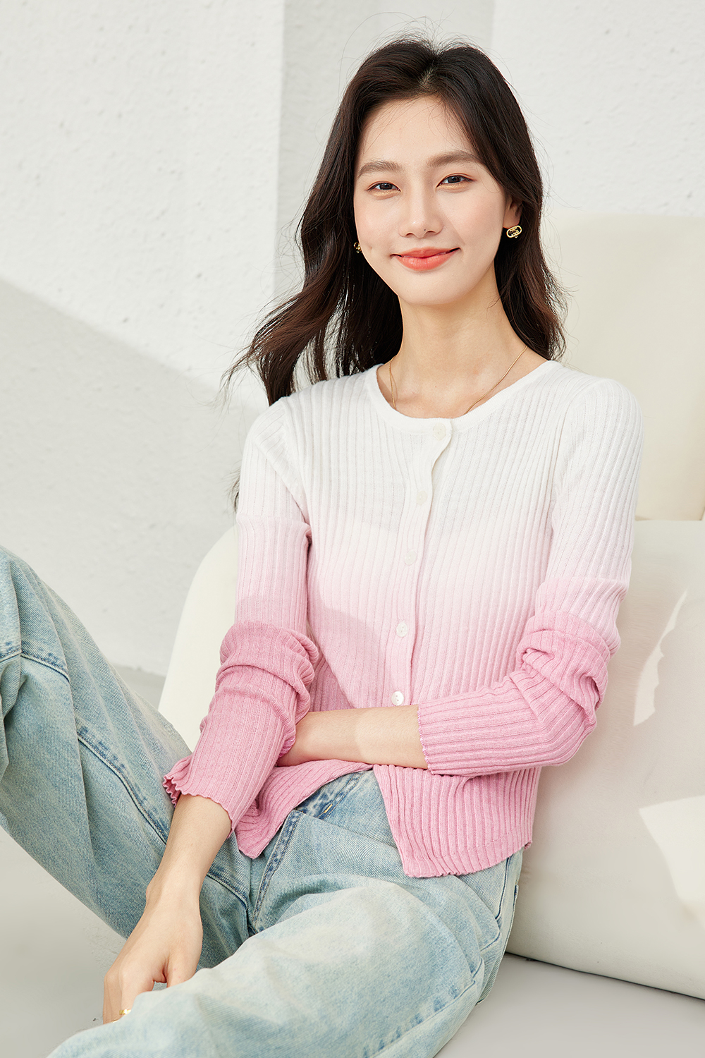 Round Neck Gradient Knit Cardigan-VIMLYSTORE