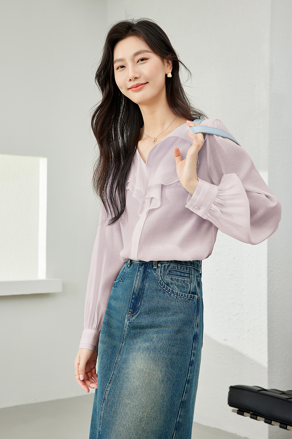 Ruffle Collar Solid Color Chiffon Shirt-VIMLYSTORE