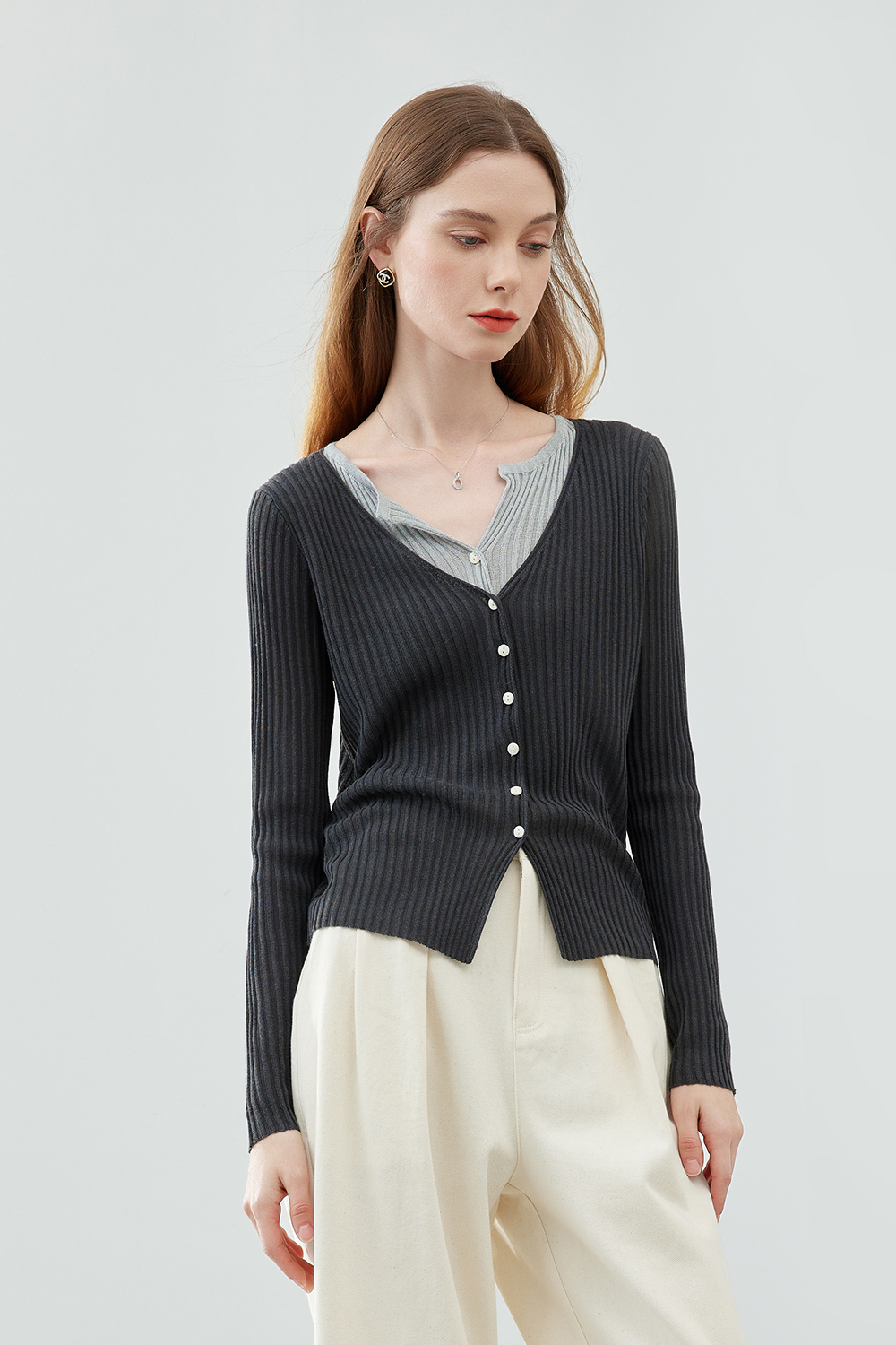 Collar Patchwork with Contrast Knit Cardigan-VIMLYSTORE