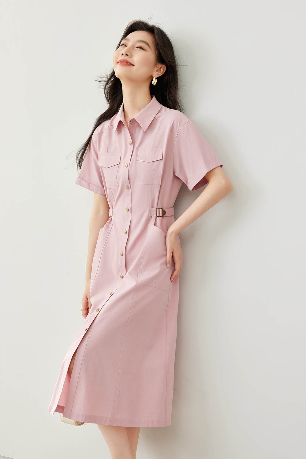 Polo Collar Shirt Dress-VIMLYSTORE