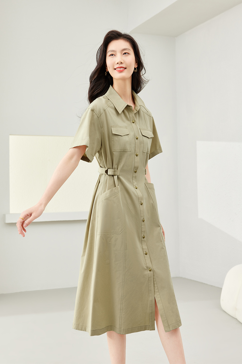 Polo Collar Shirt Dress-VIMLYSTORE