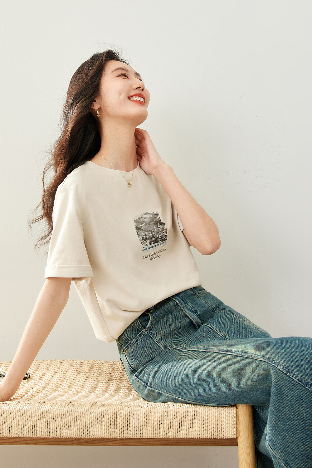 Vintage Printed Reverse Sleeve T-Shirt-VIMLYSTORE