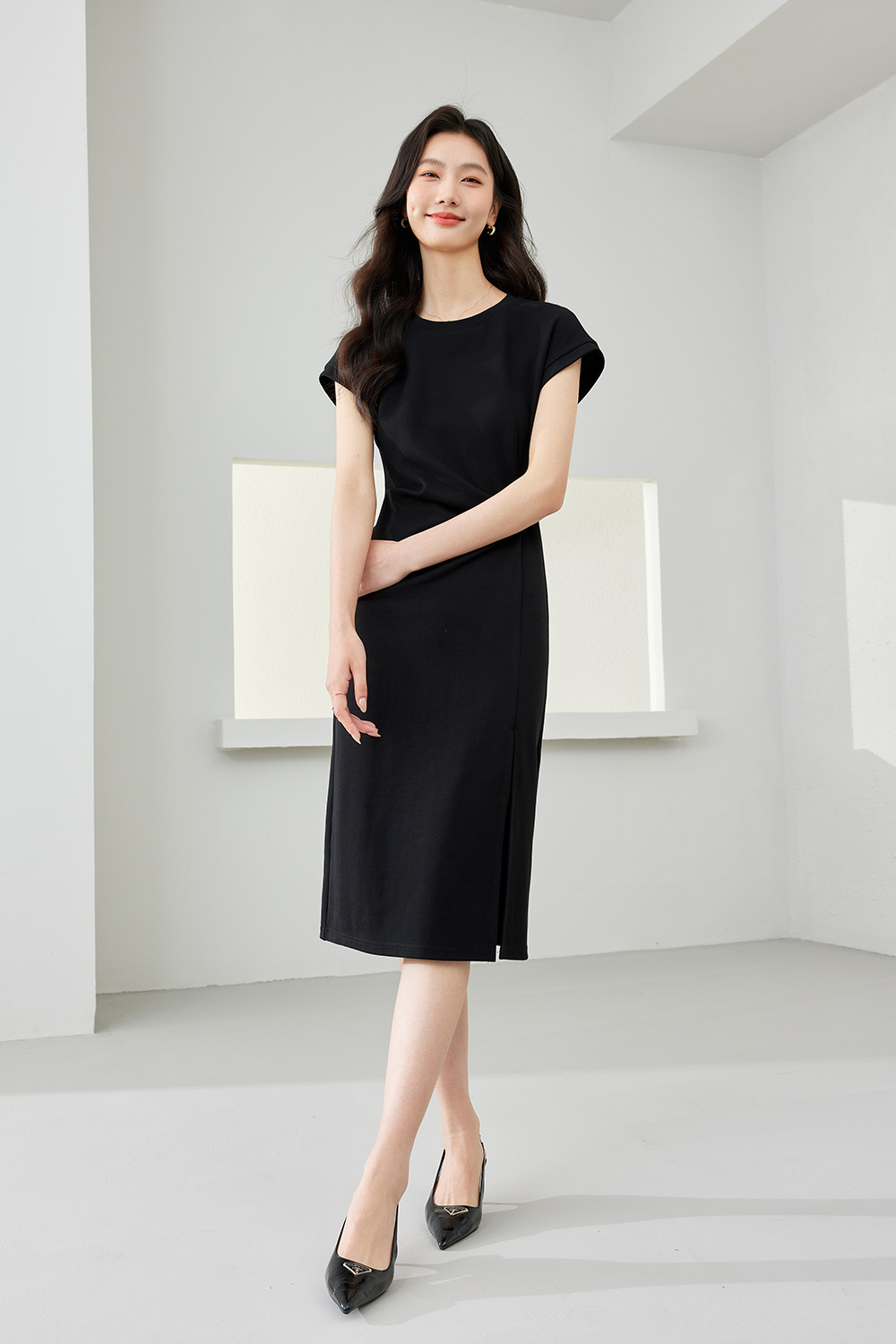 Pleated Cinched Waist Dress