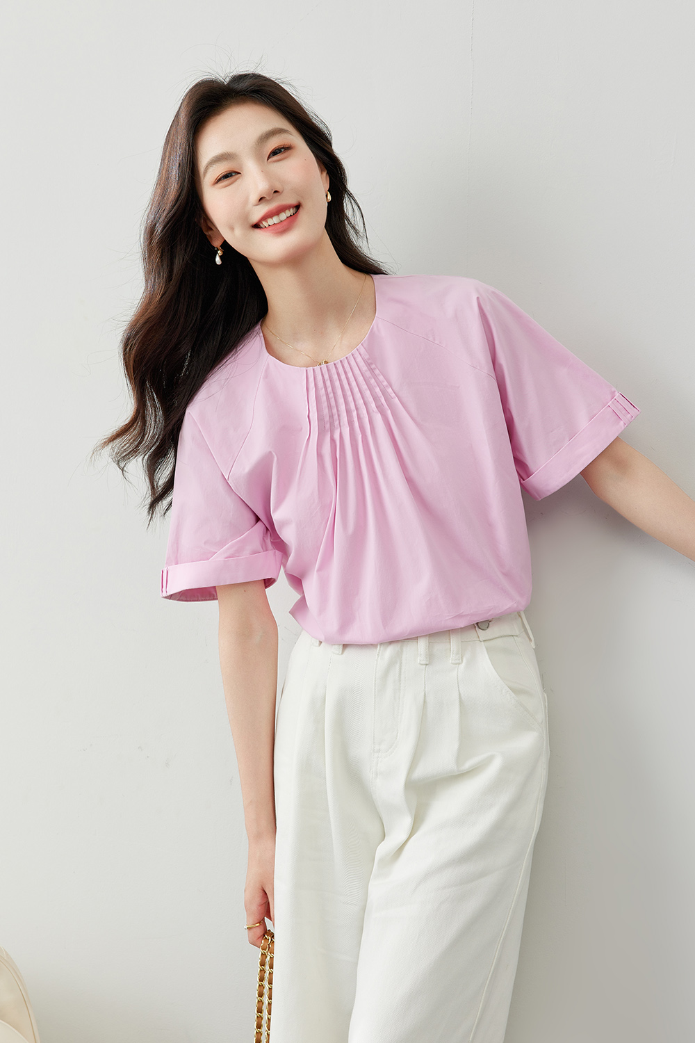 Pleated Decoration Pure Cotton Shirt-VIMLYSTORE