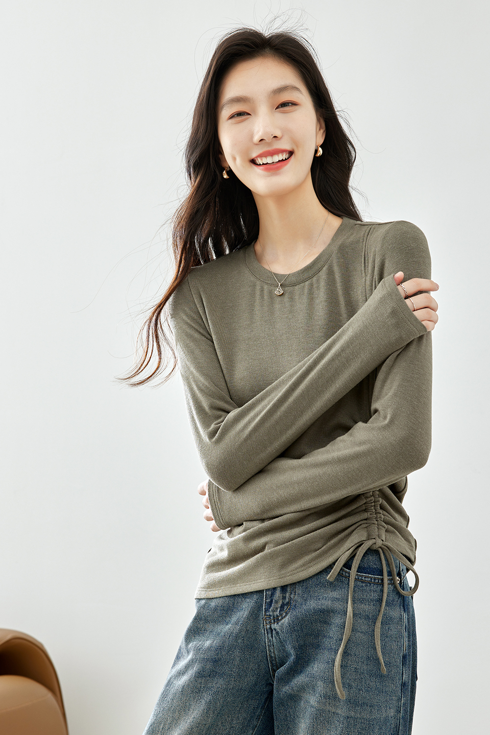 Drawstring pleated long sleeve T-shirt-VIMLYSTORE