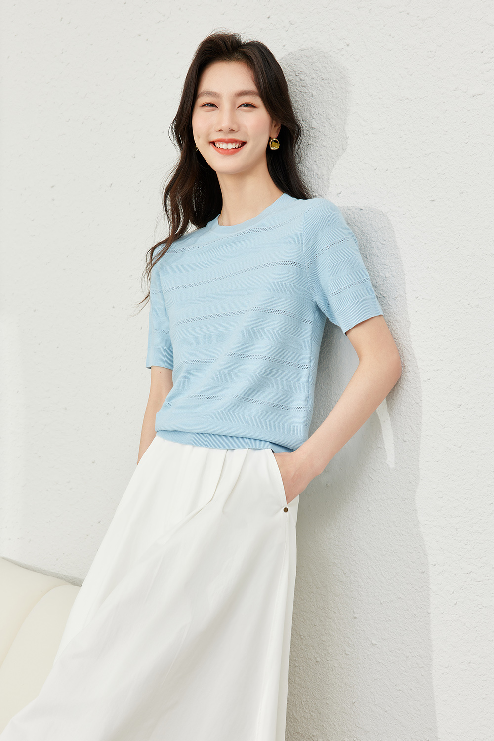 Blue Eyelet Knit Sweater