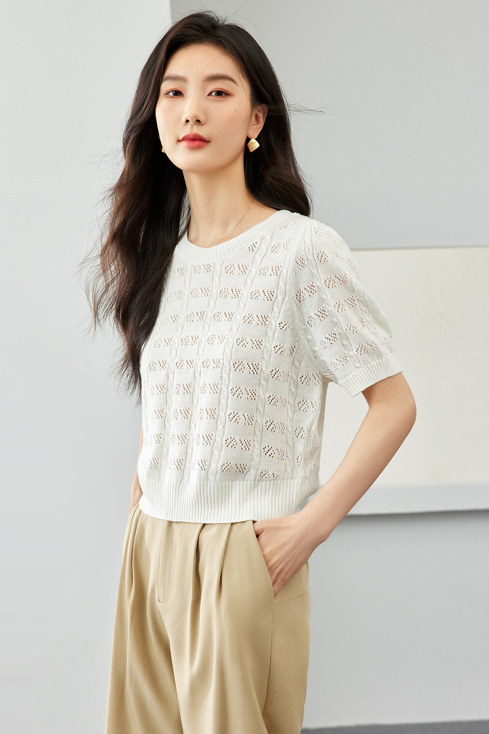 French Hollow Solid Color Knit Sweater