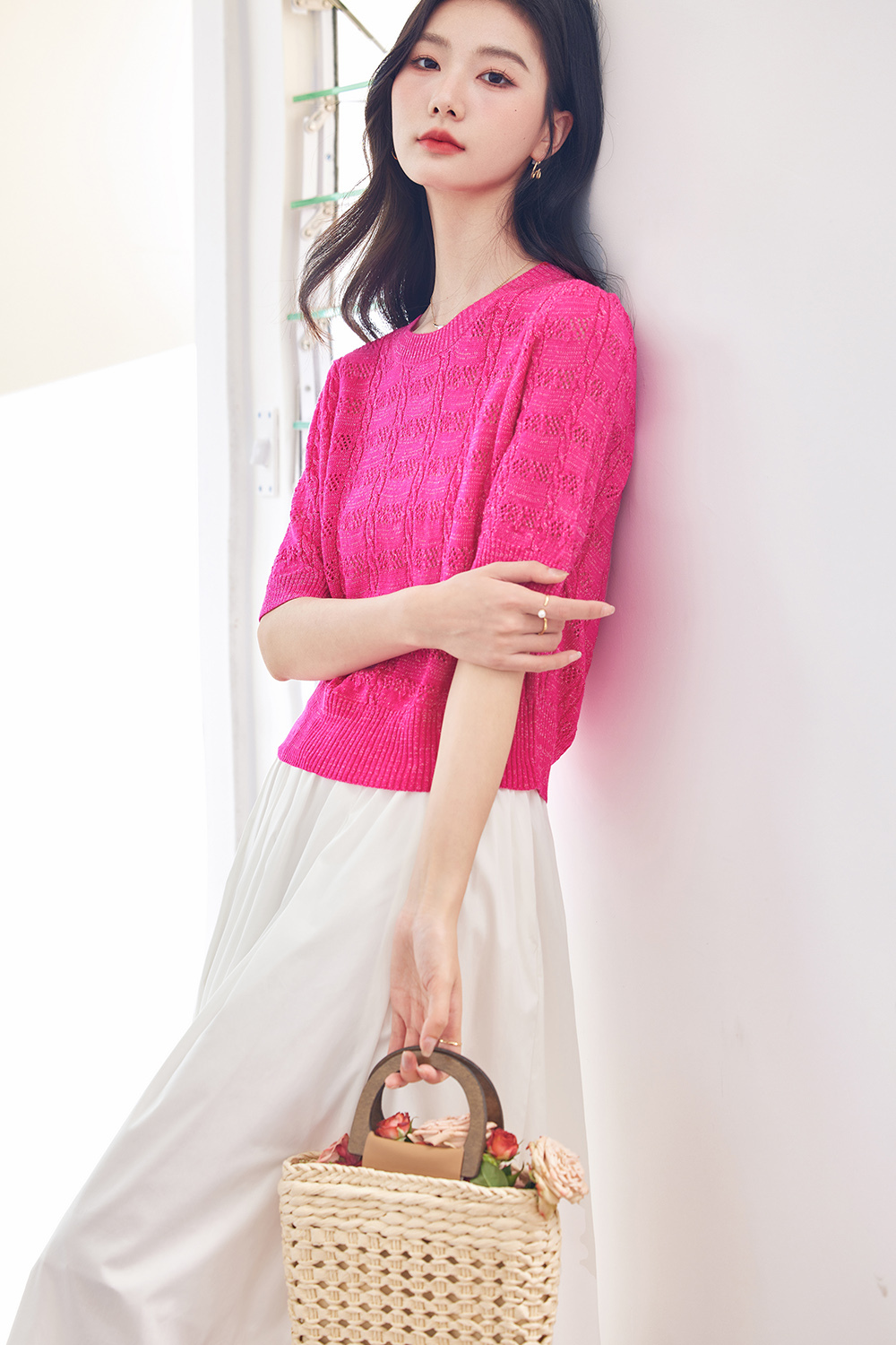 French Hollow Solid Color Knit Sweater