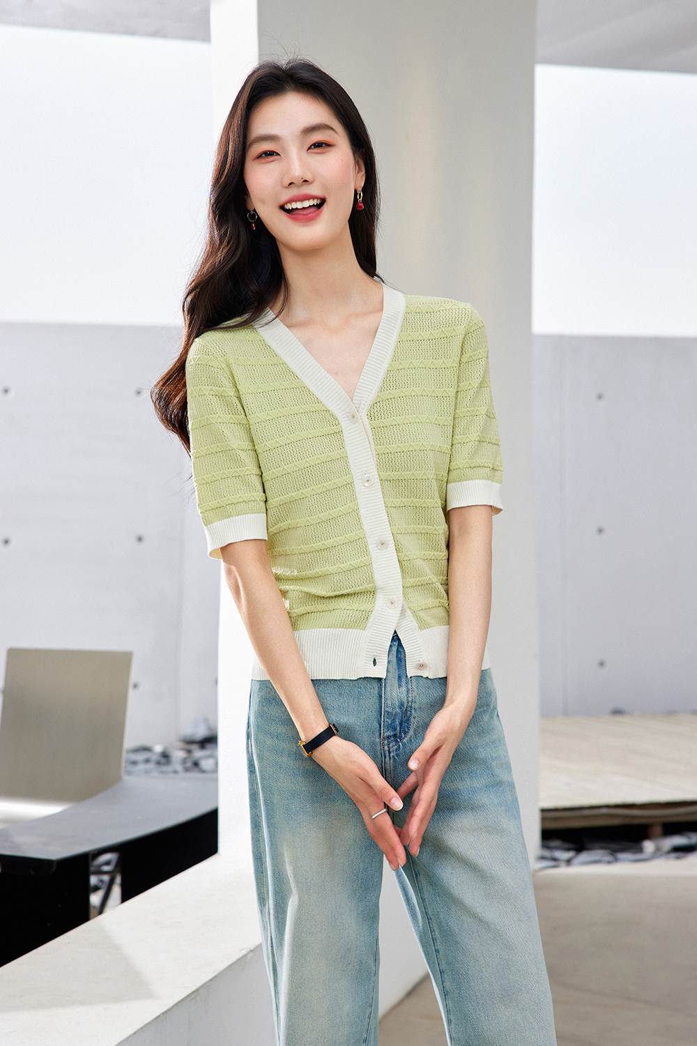 Color-Block French Textured Knit Cardigan