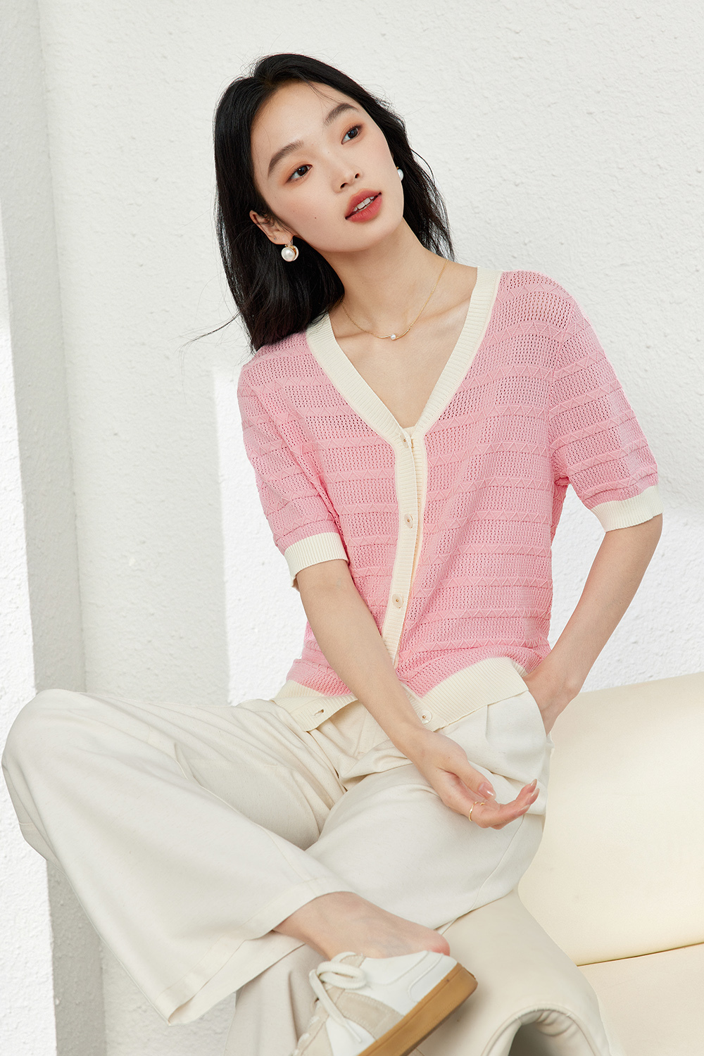 Color-Block French Textured Knit Cardigan