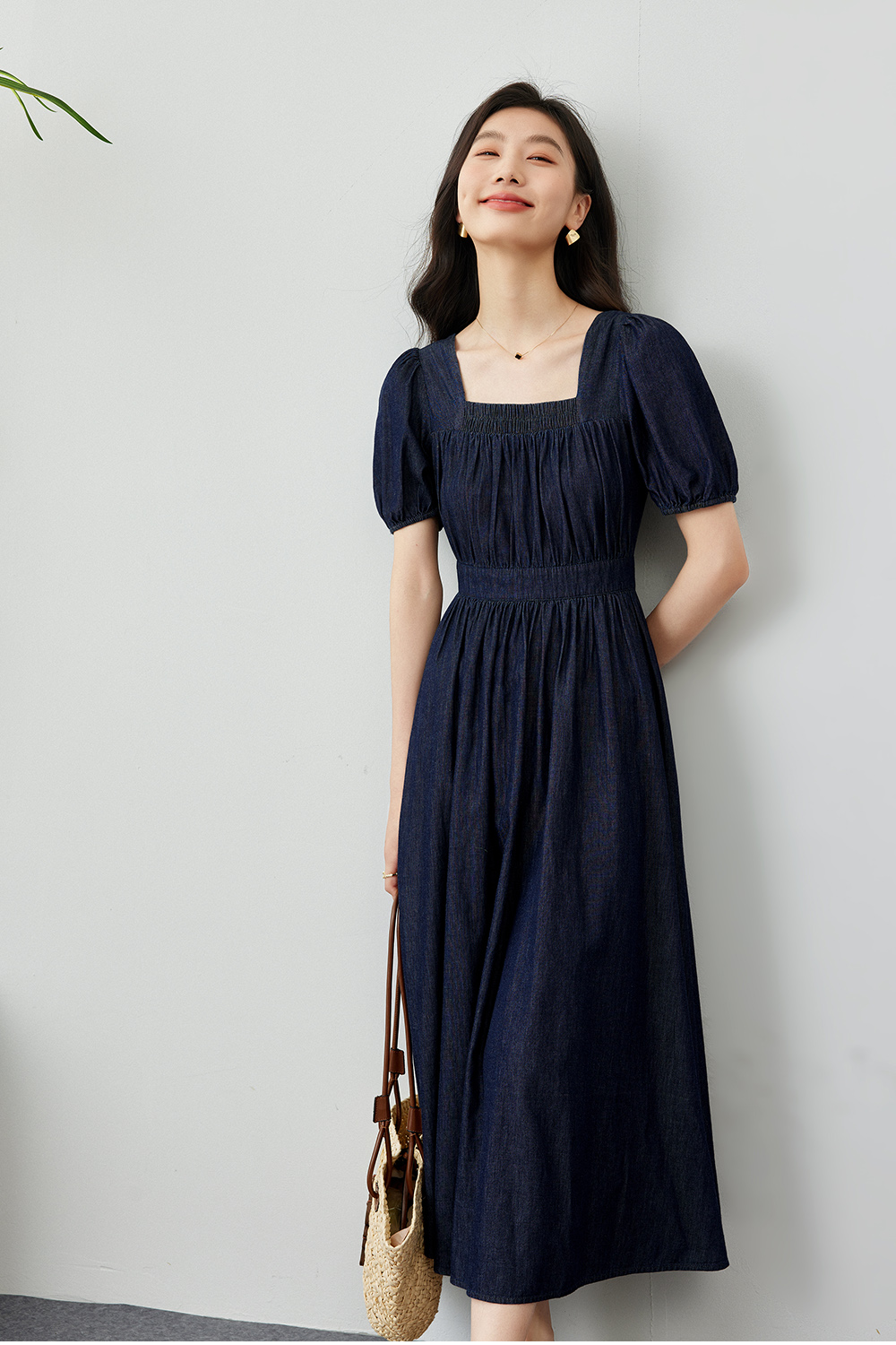 Retro Square Neck Denim Dress