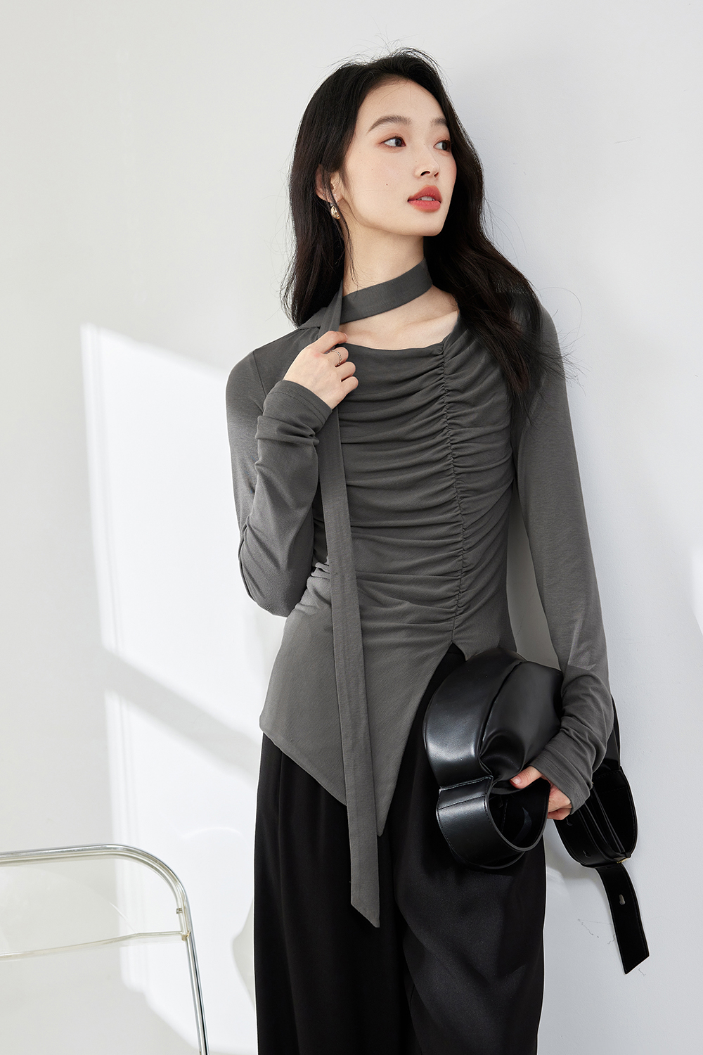 Retro Lyocell Pleated Ribbon T-Shirt