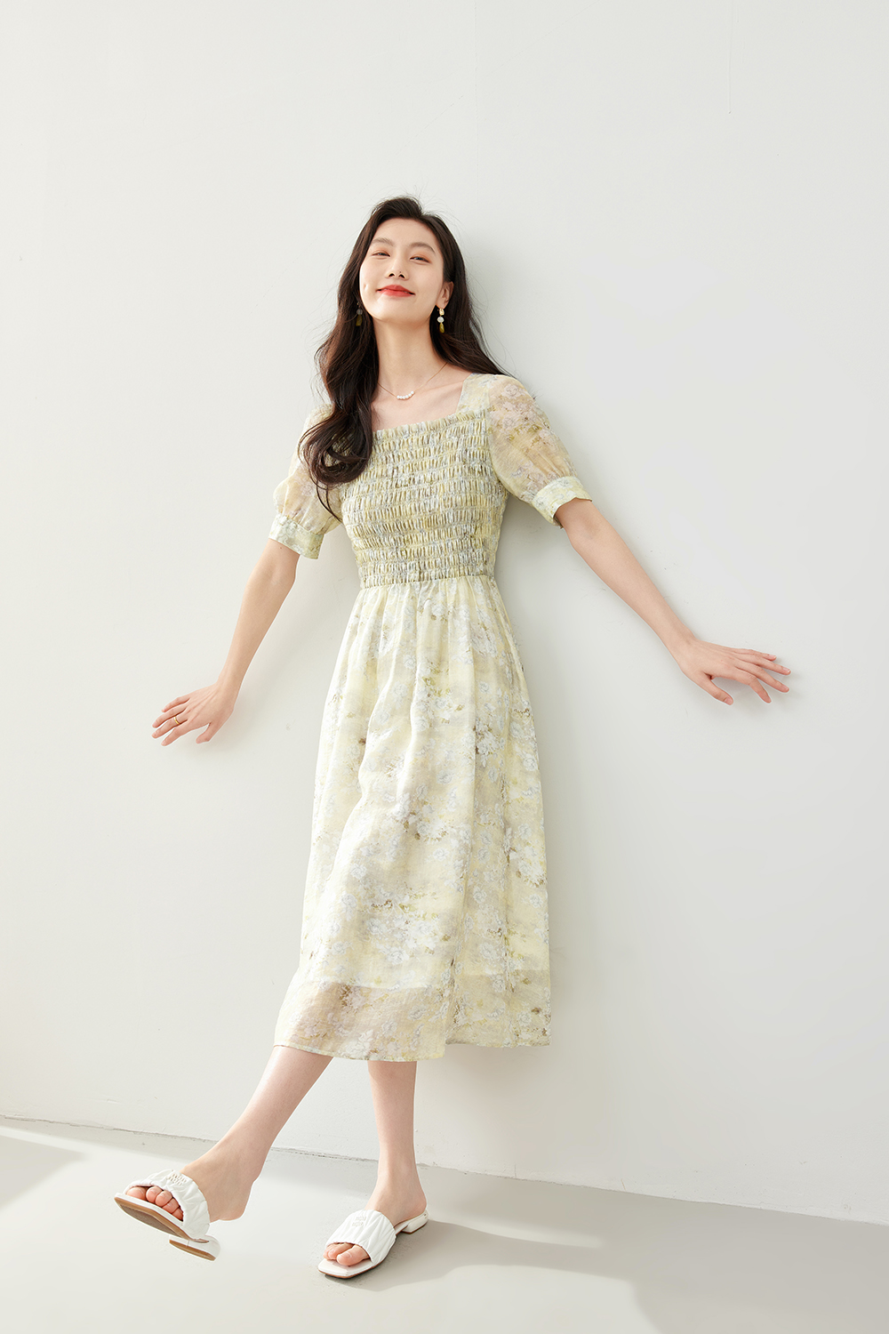 Floral Lyocell Square-Neck Dress