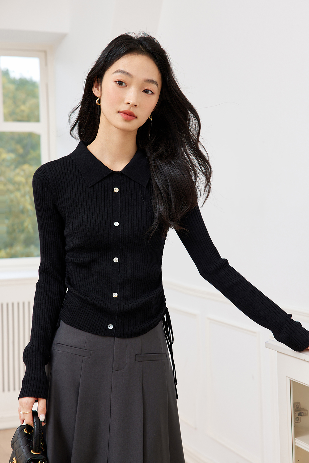 Polo Collar Textured Knitted Sweater