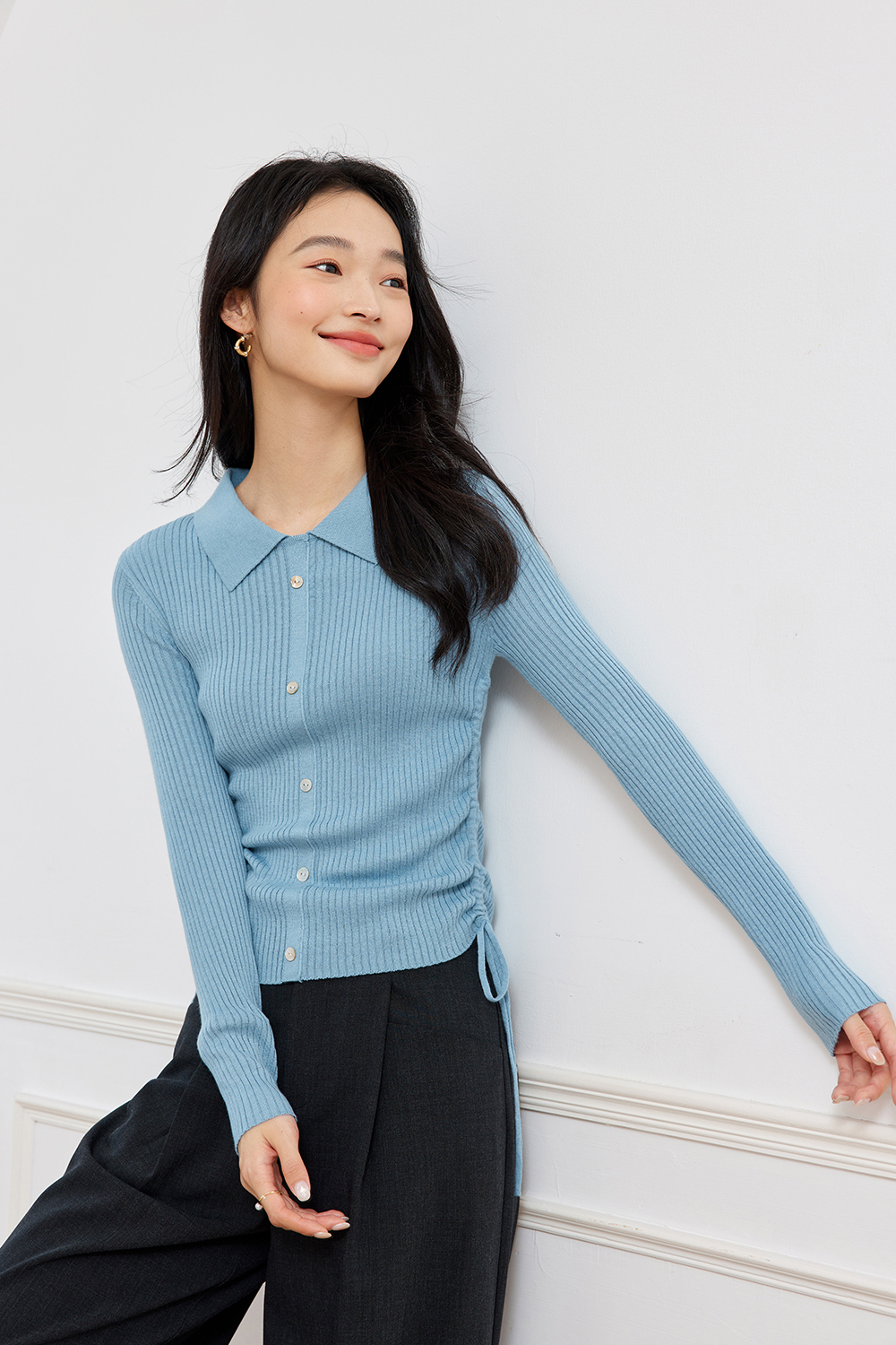 Polo Collar Textured Knitted Sweater