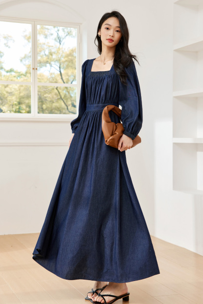 French Square-Neck Denim Dress