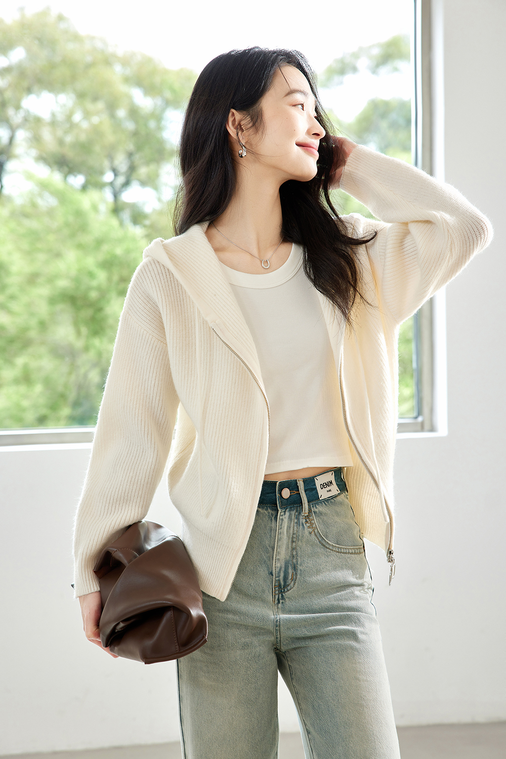 Lazy style hooded knitted jacket-VIMLYSTORE