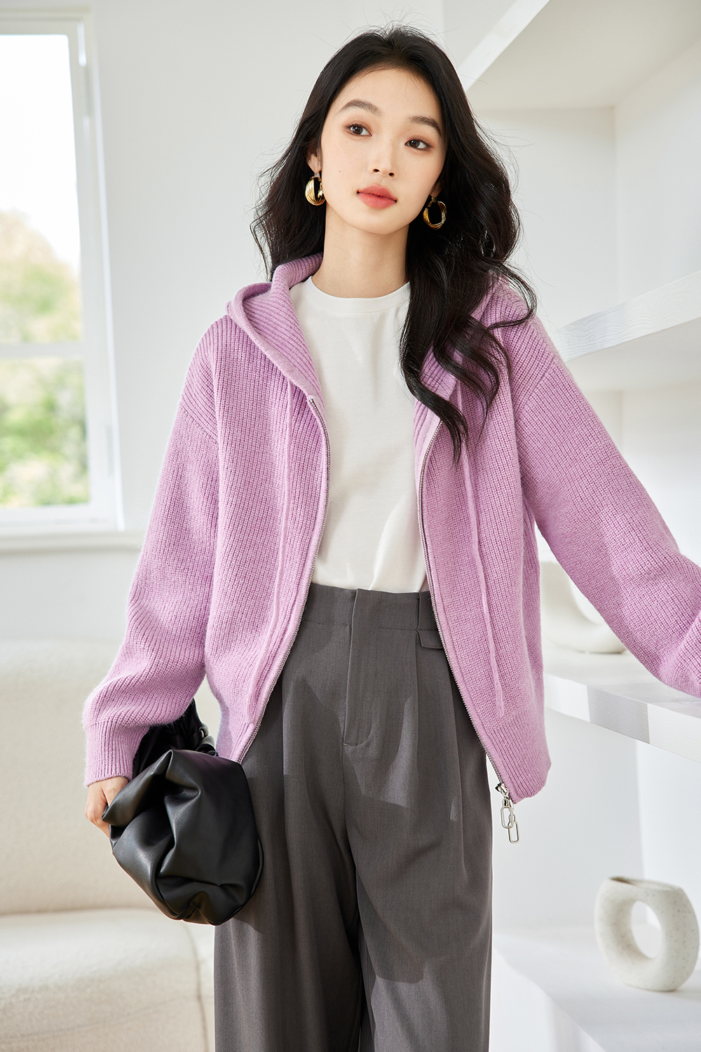 Lazy style hooded knitted jacket-VIMLYSTORE