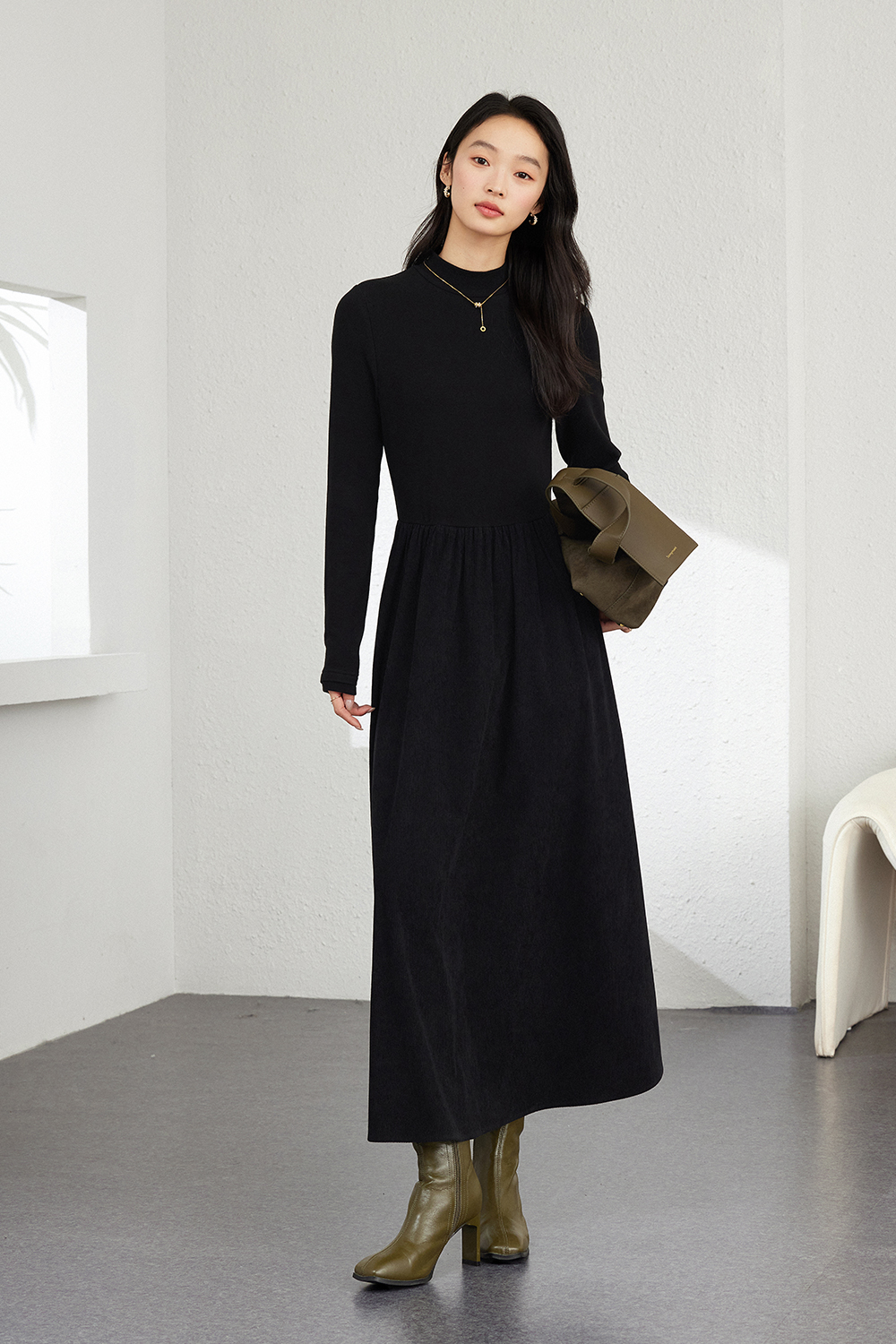 Black double-fabric spliced dress-VIMLYSTORE