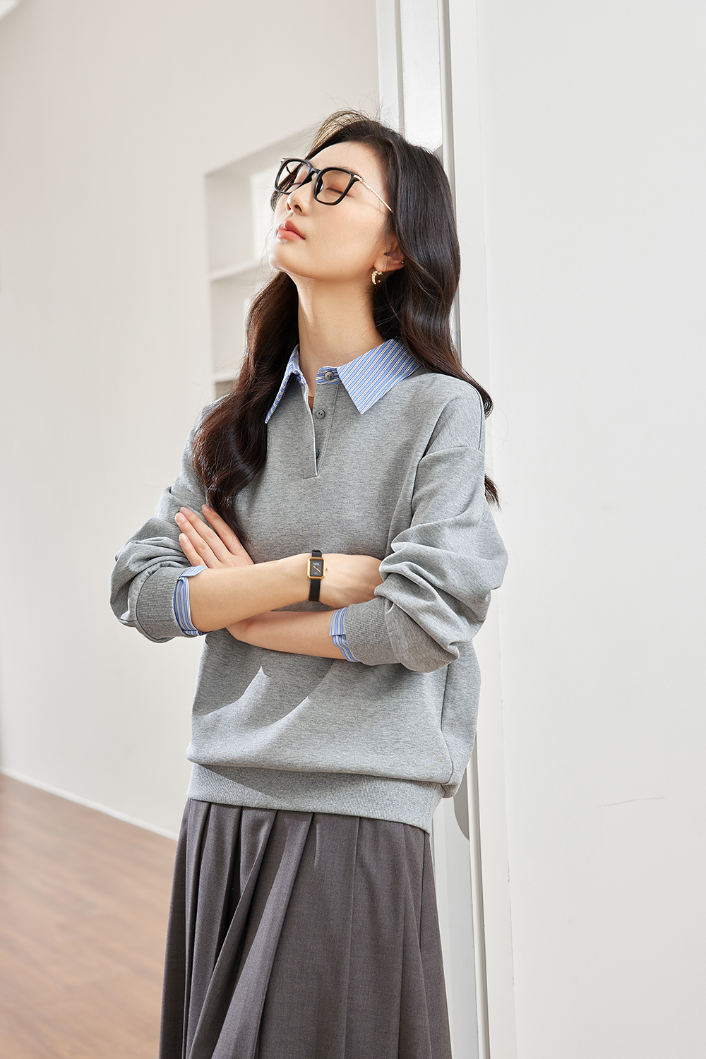 School Style Spliced Lapel Sweatshirt