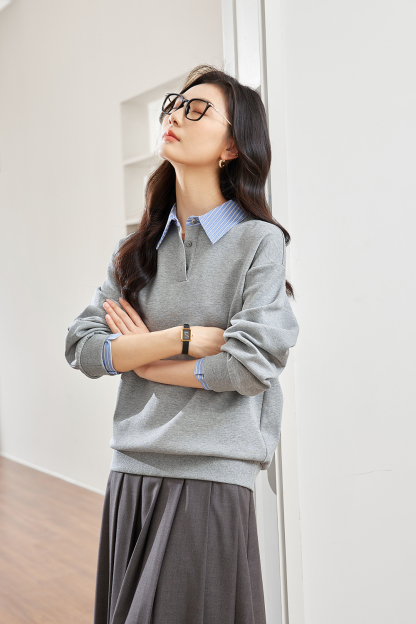 School Style Spliced Lapel Sweatshirt