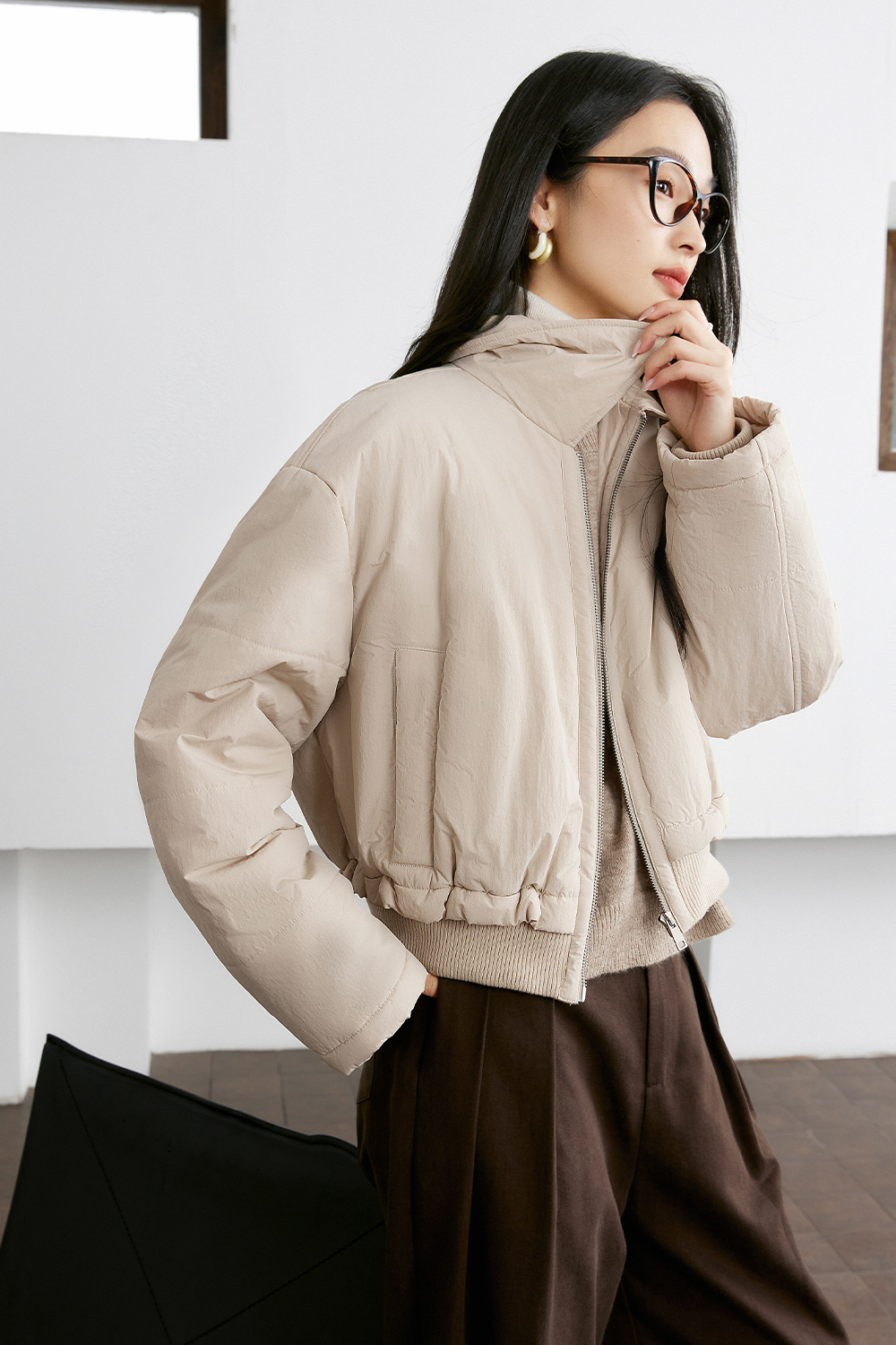 Lapel Spliced Short Cotton Padded Jacket-VIMLYSTORE