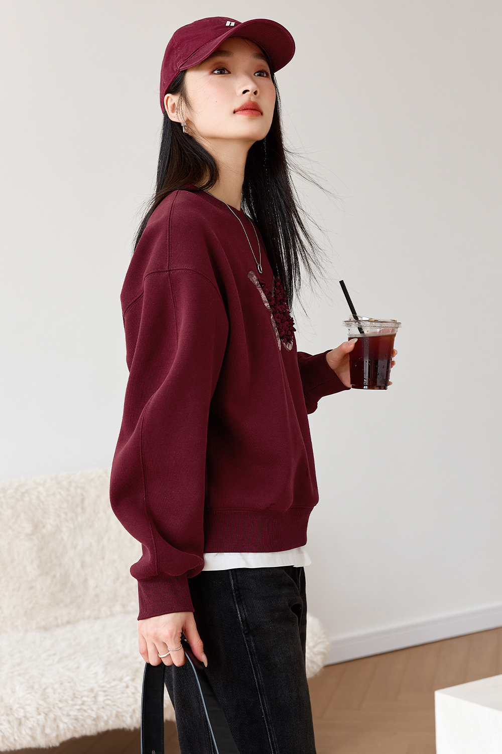 Butterfly Embroidered Fleece-Lined Sweatshirt-VIMLYSTORE