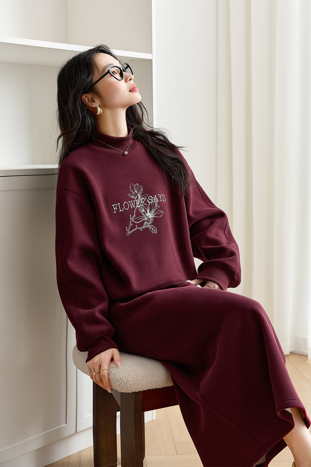 Semi-High Neck Printed Sweatshirt Set-VIMLYSTORE