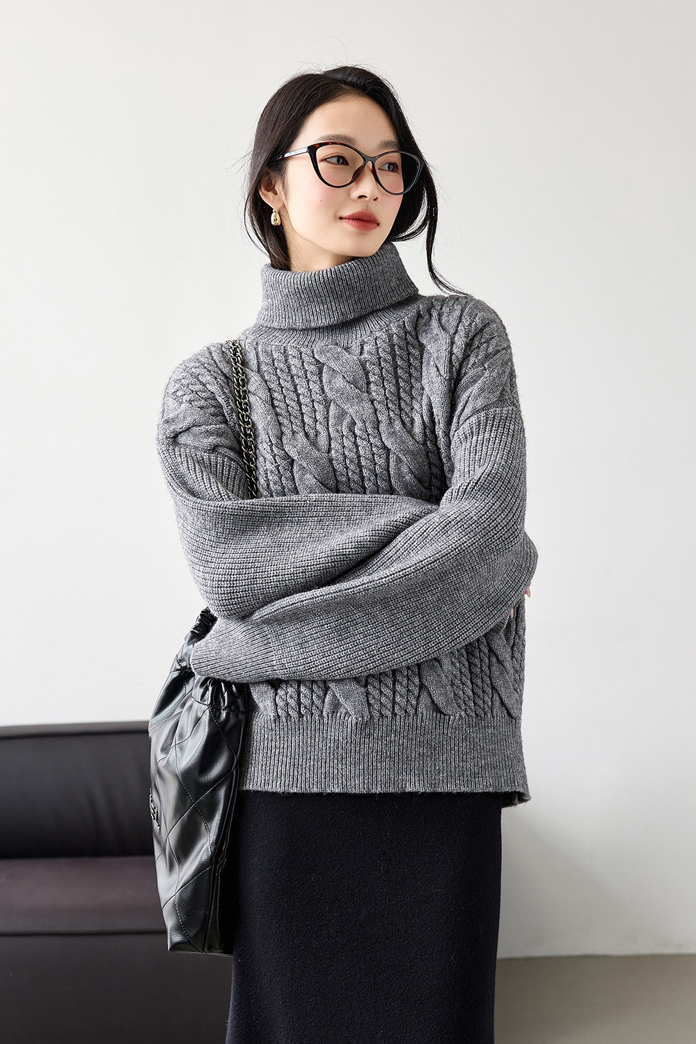 High neck cable design knitted sweater-VIMLYSTORE
