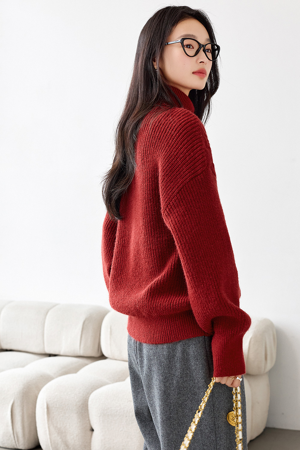 High neck cable design knitted sweater-VIMLYSTORE