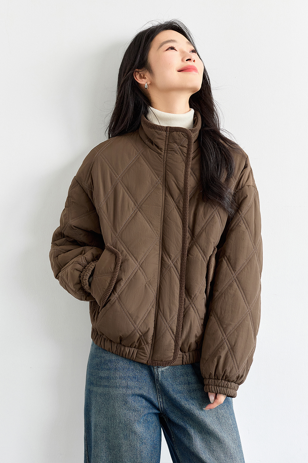 Stand-up collar diamond-quilted cotton-padded jacket-VIMLYSTORE