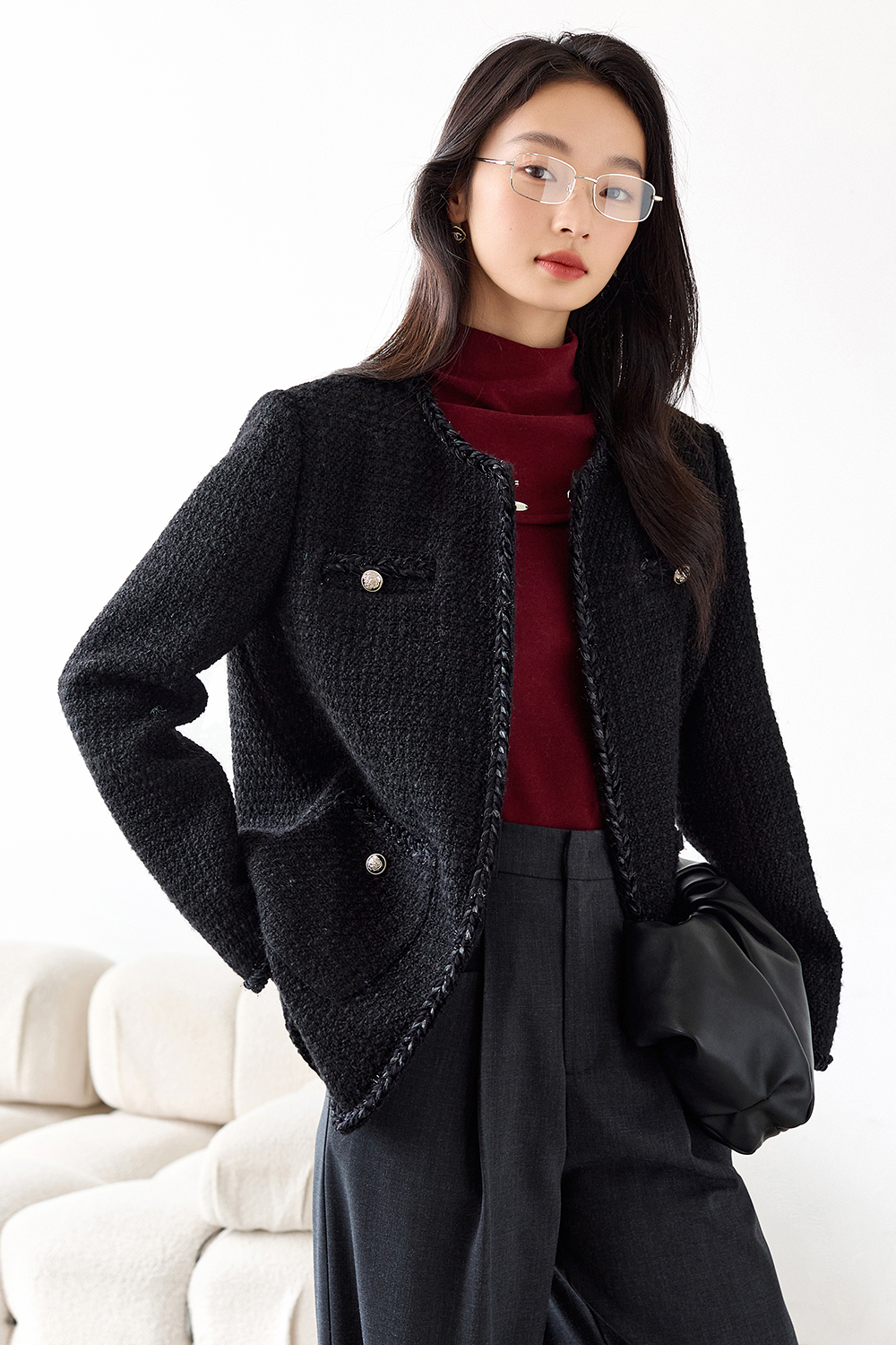 Aristocratic-Style Trimmed Tweed Jacket-VIMLYSTORE