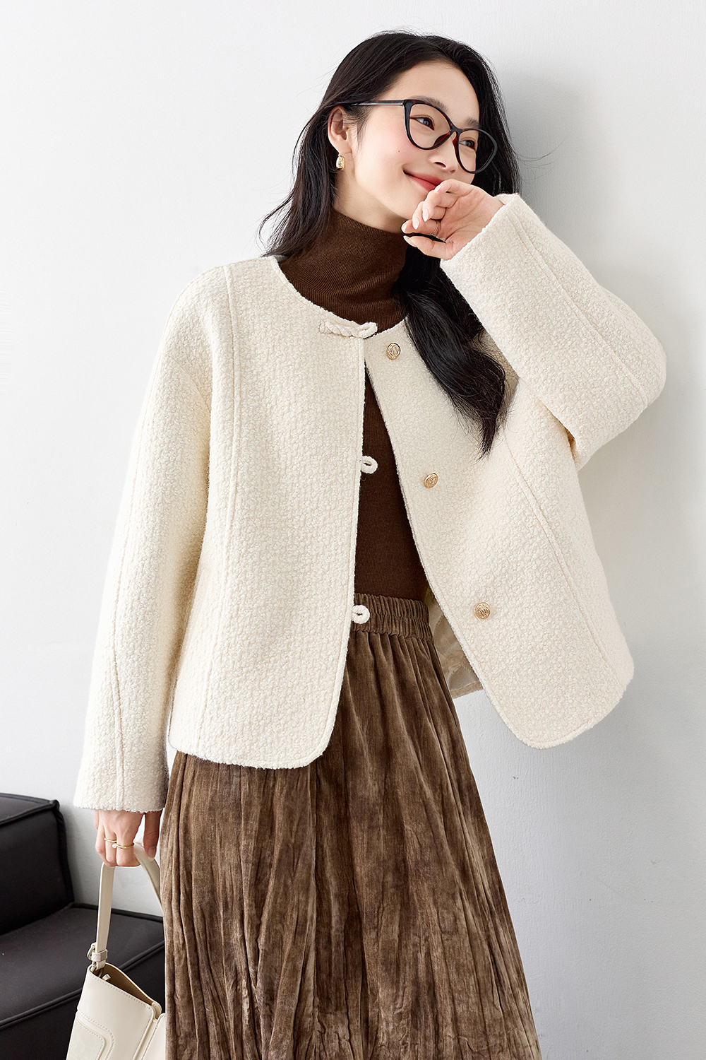 Buttoned Design Tweed Short-length Coat-VIMLYSTORE