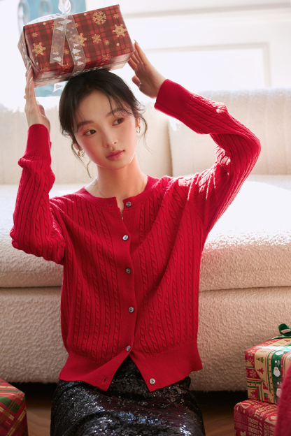 Red Wide-striped Knitted Cardigan