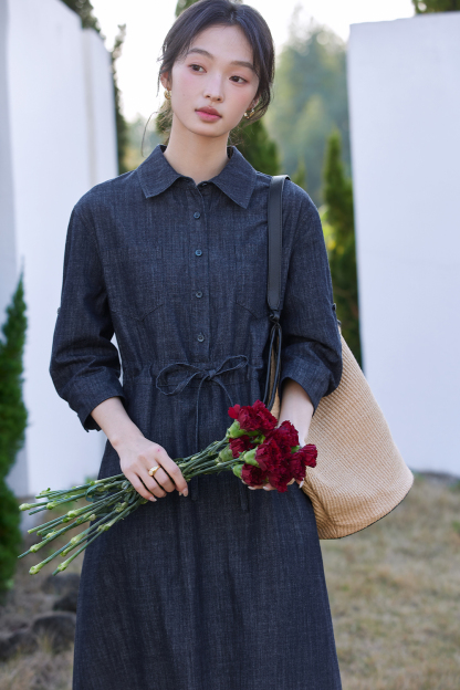 Pure Cotton Lapel Denim Dress