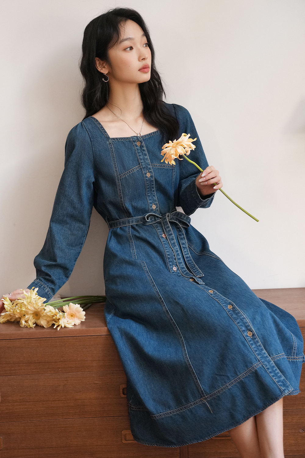 Retro Denim Lace-Up Dress-VIMLYSTORE